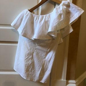 Trina Turk White One Sleeve Ruffle Shirt